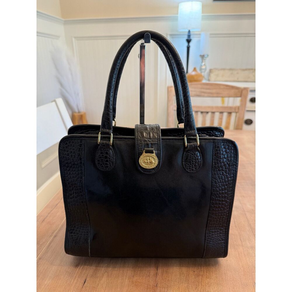Vintage Brahmin Black Leather Croc Detail Square Top Handle Bag